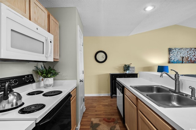 202 Landing Rd Unit 202H, North Myrtle Beach, SC 29582 - kitchen featuring white microwave, electric stove, dark wood-type flooring, light countertops, and vaulted ceiling
