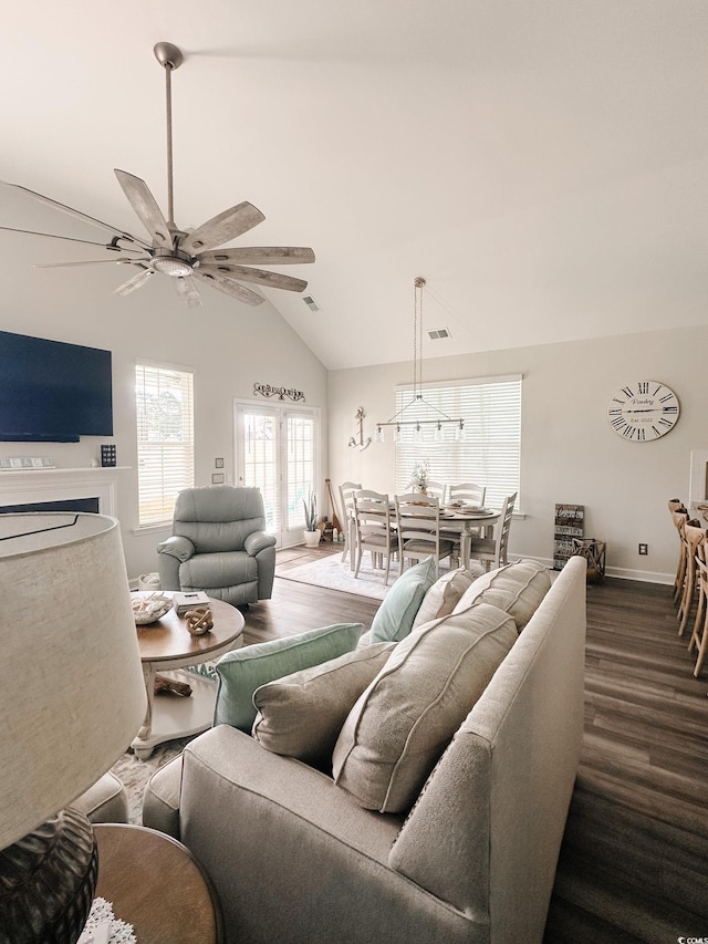 240 Sundew Loop, Little River, SC 29566 - living room with dark wood-style floors, ceiling fan, and high vaulted ceiling