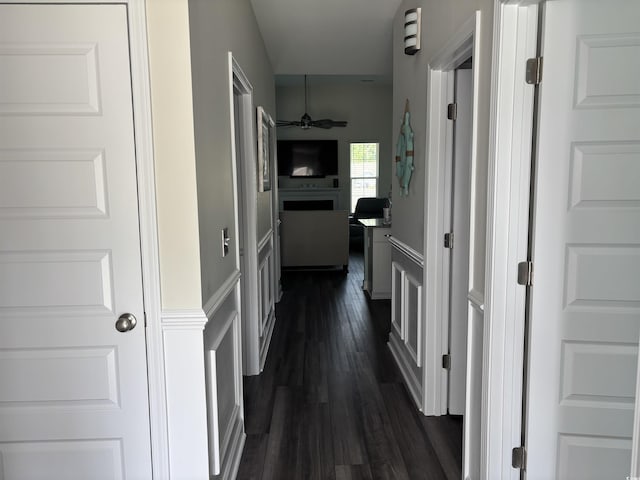 240 Sundew Loop, Little River, SC 29566 - hall featuring dark wood-type flooring, a wainscoted wall, and a decorative wall