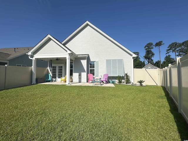 240 Sundew Loop, Little River, SC 29566 - back of house featuring french doors, a ceiling fan, a fenced backyard, and a patio area
