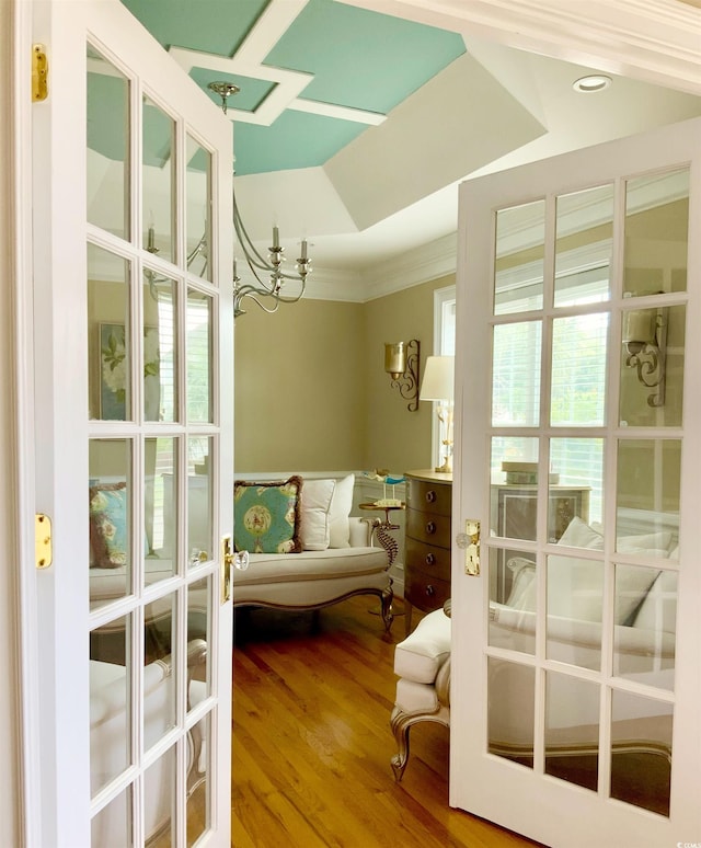 1605 Waterway Dr, North Myrtle Beach, SC 29582 - living area featuring wood finished floors, a chandelier, and french doors