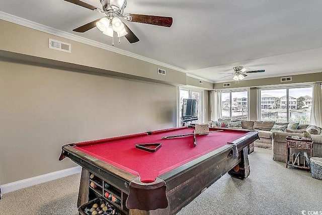 1605 Waterway Dr, North Myrtle Beach, SC 29582 - game room with a ceiling fan, billiards, crown molding, and carpet flooring