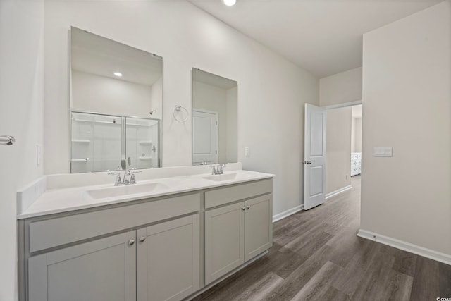 305 Picnic Basket Pl, Longs, SC 29568 - bathroom with a shower with door, wood finished floors, and double vanity