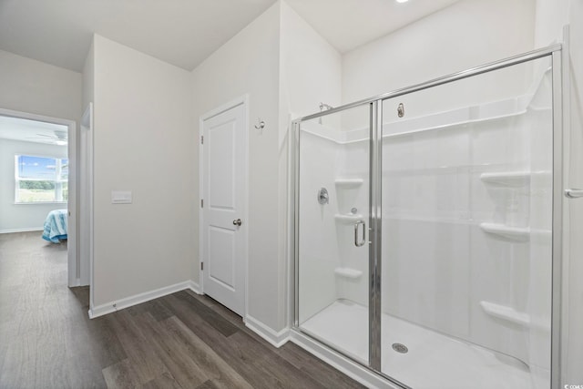 305 Picnic Basket Pl, Longs, SC 29568 - ensuite bathroom featuring wood finished floors, a stall shower, and a ceiling fan