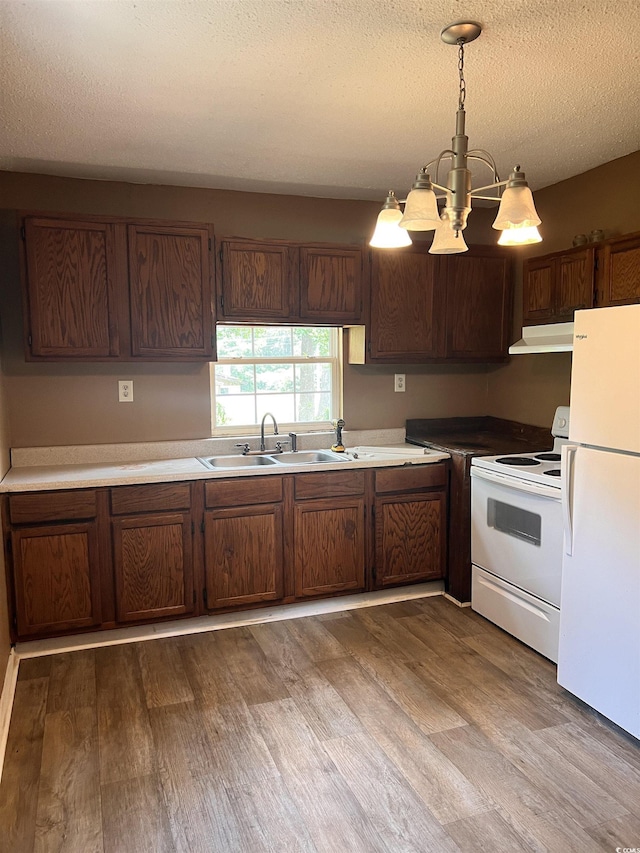 1706 Foster St, Conway, SC 29527 - kitchen featuring white appliances, wood finished floors, a chandelier, under cabinet range hood, and pendant lighting