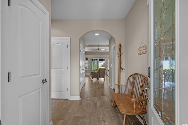 215 Vineyard Lake Cir, Conway, SC 29527 - hallway with arched walkways and light wood-style flooring