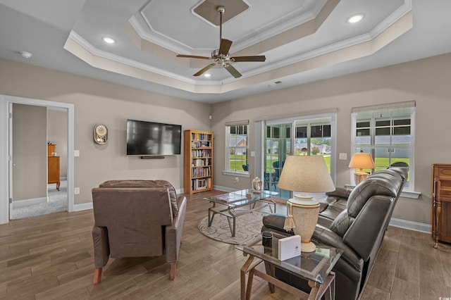 215 Vineyard Lake Cir, Conway, SC 29527 - living room with ornamental molding, a raised ceiling, ceiling fan, wood finished floors, and recessed lighting