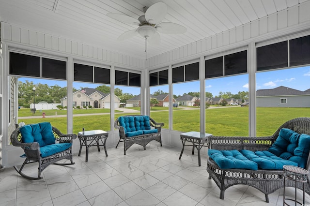 215 Vineyard Lake Cir, Conway, SC 29527 - sunroom featuring an outdoor hangout area, a ceiling fan, and a residential view