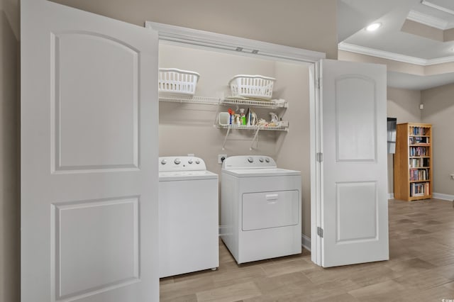 215 Vineyard Lake Cir, Conway, SC 29527 - washroom with ornamental molding, washing machine and dryer, light wood-style floors, and recessed lighting