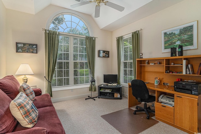 285 Georgetown Dr, Pawleys Island, SC 29585 - office featuring carpet flooring, vaulted ceiling, and a ceiling fan