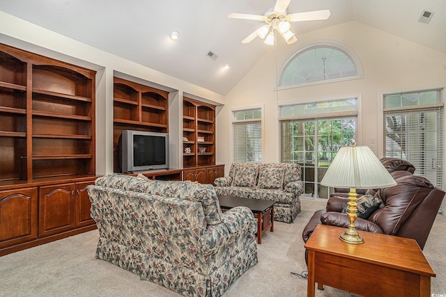 285 Georgetown Dr, Pawleys Island, SC 29585 - living area with light colored carpet, a ceiling fan, and high vaulted ceiling