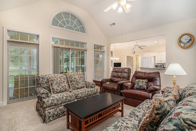 285 Georgetown Dr, Pawleys Island, SC 29585 - living room featuring ceiling fan, light carpet, and high vaulted ceiling