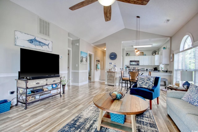 4179 Hibiscus Dr Unit 12-301, Little River, SC 29566 - living area featuring light wood finished floors, a ceiling fan, and high vaulted ceiling