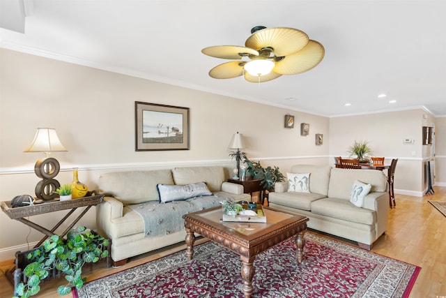 4366 Rivergate Ln Unit 404, Little River, SC 29566 - living room featuring light wood-style floors, recessed lighting, a ceiling fan, and crown molding