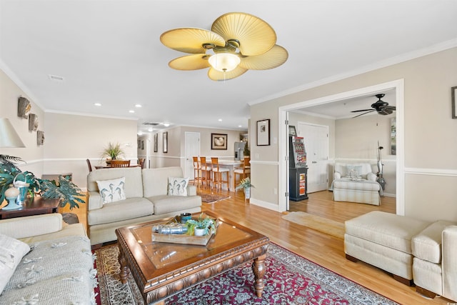 4366 Rivergate Ln Unit 404, Little River, SC 29566 - living room with a ceiling fan, wood finished floors, crown molding, and recessed lighting