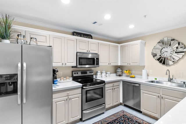 4366 Rivergate Ln Unit 404, Little River, SC 29566 - kitchen with appliances with stainless steel finishes, ornamental molding, light countertops, white cabinets, and recessed lighting