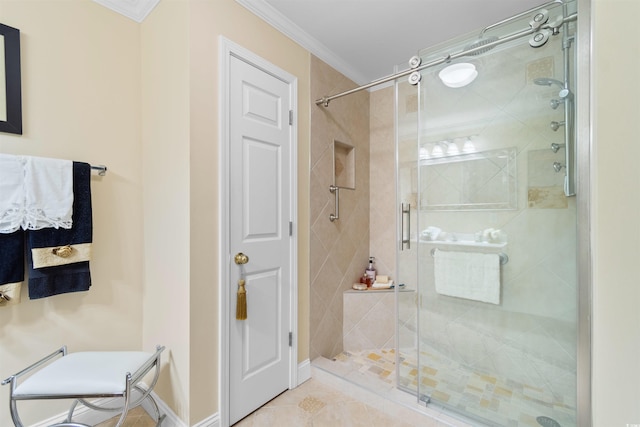 4366 Rivergate Ln Unit 404, Little River, SC 29566 - full bath featuring a stall shower, crown molding, and tile patterned flooring