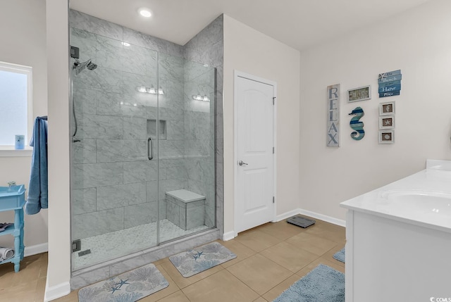 325 Cardita Loop, Myrtle Beach, SC 29588 - bathroom featuring a stall shower, vanity, tile patterned flooring, and recessed lighting