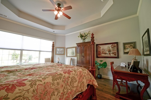 530 Inverarry St, Murrells Inlet, SC 29576 - bedroom featuring a tray ceiling, dark wood-style floors, ceiling fan, a desk, and ornamental molding