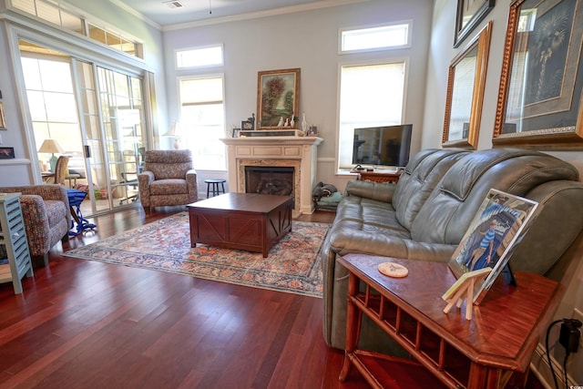 530 Inverarry St, Murrells Inlet, SC 29576 - living area featuring ornamental molding, dark wood-type flooring, and a fireplace