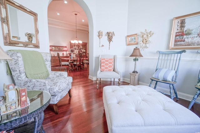 530 Inverarry St, Murrells Inlet, SC 29576 - living area with arched walkways, wood finished floors, a chandelier, and recessed lighting