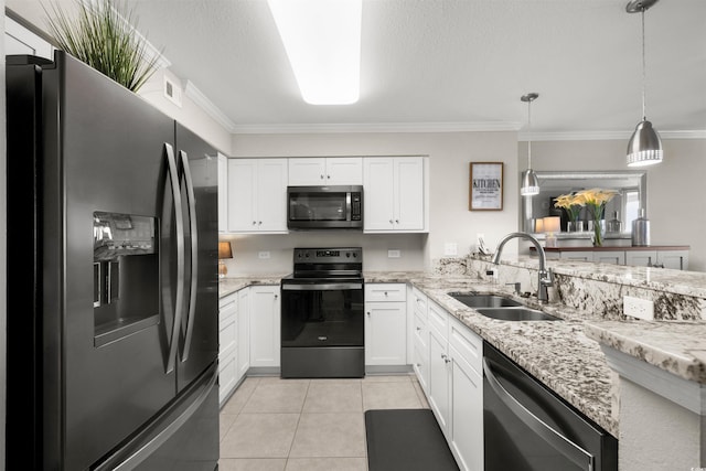 1819 N Ocean Blvd Unit 1518, North Myrtle Beach, SC 29582 - kitchen featuring stainless steel appliances, ornamental molding, white cabinets, light tile patterned flooring, and pendant lighting