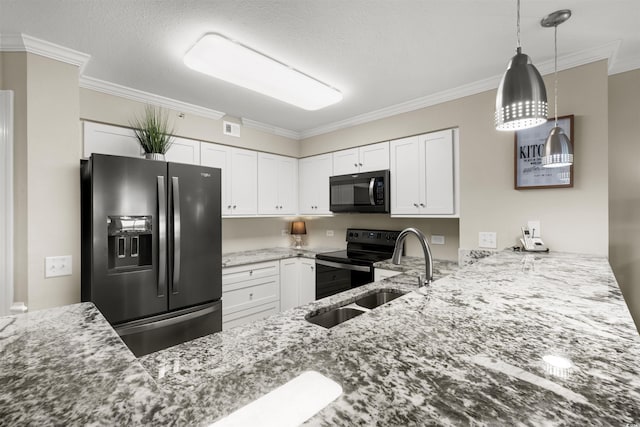 1819 N Ocean Blvd Unit 1518, North Myrtle Beach, SC 29582 - kitchen with fridge with ice dispenser, black microwave, electric range, light stone counters, and ornamental molding