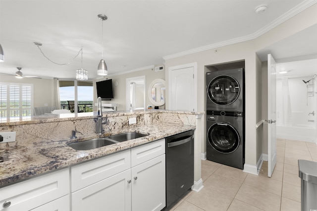 1819 N Ocean Blvd Unit 1518, North Myrtle Beach, SC 29582 - kitchen with dishwasher, stacked washer / drying machine, white cabinets, light tile patterned floors, and crown molding