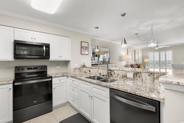 1819 N Ocean Blvd Unit 1518, North Myrtle Beach, SC 29582 - kitchen featuring black electric range, stainless steel dishwasher, light tile patterned floors, white cabinetry, and crown molding