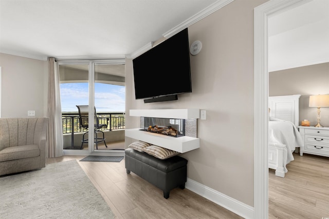 1819 N Ocean Blvd Unit 1518, North Myrtle Beach, SC 29582 - living area featuring light wood-style flooring, crown molding, and a multi sided fireplace