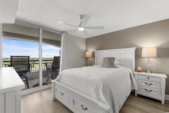 1819 N Ocean Blvd Unit 1518, North Myrtle Beach, SC 29582 - bedroom featuring access to exterior, crown molding, light wood-style flooring, and ceiling fan