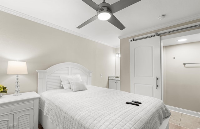 1819 N Ocean Blvd Unit 1518, North Myrtle Beach, SC 29582 - bedroom with crown molding, light tile patterned flooring, ceiling fan, and a barn door