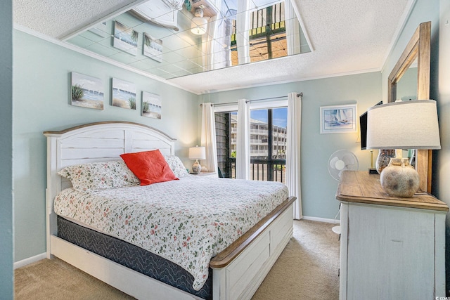 207 N Ocean Blvd Unit 139, North Myrtle Beach, SC 29582 - bedroom with light colored carpet, ornamental molding, a textured ceiling, and access to exterior