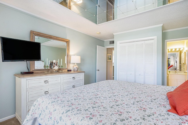 207 N Ocean Blvd Unit 139, North Myrtle Beach, SC 29582 - bedroom with crown molding, a closet, and connected bathroom