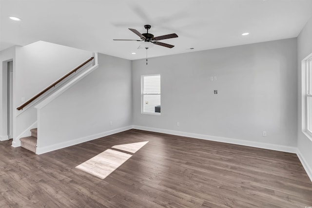 1012 Fowler Rd, Conway, SC 29526 - unfurnished living room with stairs, ceiling fan, recessed lighting, and wood finished floors
