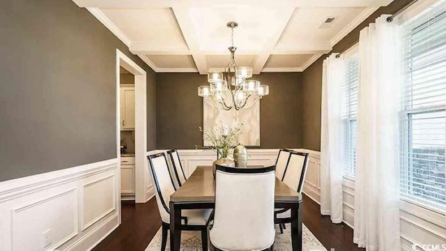 1012 Fowler Rd, Conway, SC 29526 - dining area with a chandelier, dark wood-type flooring, healthy amount of natural light, ornamental molding, and coffered ceiling