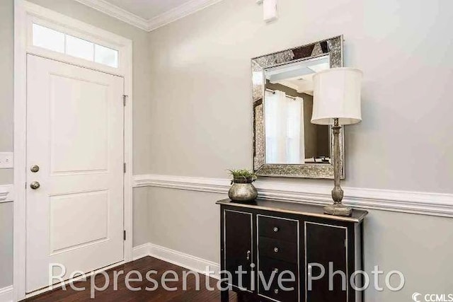 1012 Fowler Rd, Conway, SC 29526 - entryway with crown molding and dark wood-style floors