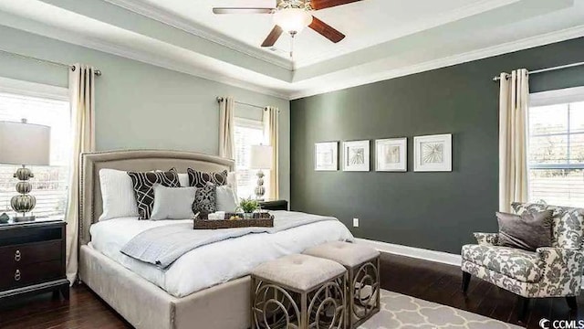1012 Fowler Rd, Conway, SC 29526 - bedroom featuring dark wood-type flooring, multiple windows, a raised ceiling, ornamental molding, and ceiling fan