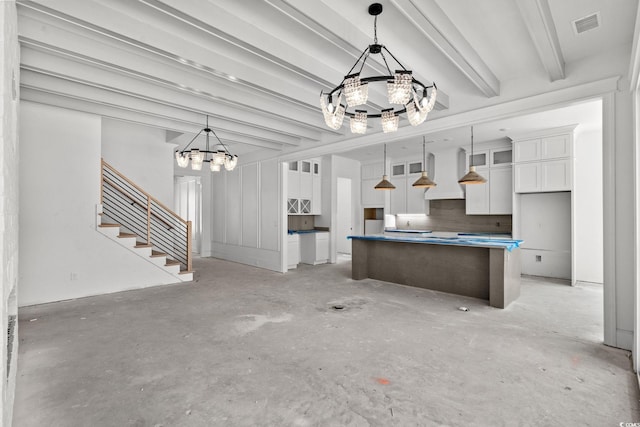 2201 Yellow Morel Way, Myrtle Beach, SC 29579 - kitchen featuring a chandelier, white cabinets, premium range hood, glass insert cabinets, and a center island