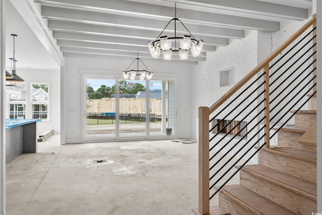 2201 Yellow Morel Way, Myrtle Beach, SC 29579 - stairs with a chandelier and beamed ceiling