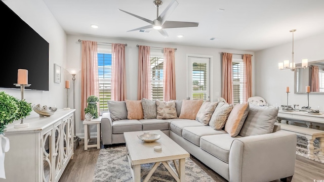 5205 Double Eagle Way Unit 24, North Myrtle Beach, SC 29582 - living area with a ceiling fan, light wood-style flooring, a chandelier, and recessed lighting