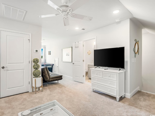 5205 Double Eagle Way Unit 24, North Myrtle Beach, SC 29582 - living room with light carpet, a ceiling fan, and recessed lighting