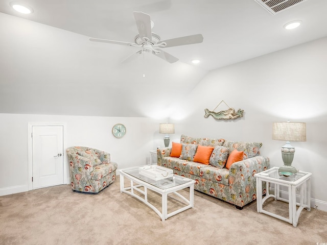 5205 Double Eagle Way Unit 24, North Myrtle Beach, SC 29582 - carpeted living room with ceiling fan, lofted ceiling, and recessed lighting