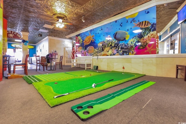 201 74th Ave N Unit 703, Myrtle Beach, SC 29572 - playroom with crown molding, carpet floors, a ceiling fan, an ornate ceiling, and an area to practice putting