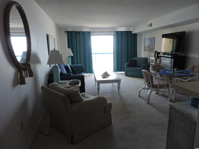 2500 N Ocean Blvd Unit 709, North Myrtle Beach, SC 29582 - carpeted living room featuring a textured ceiling