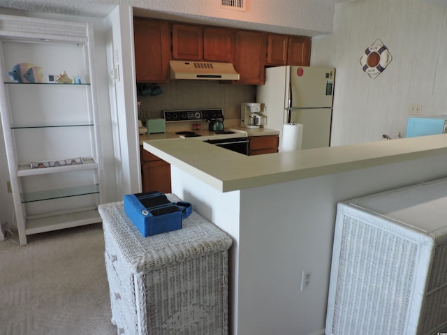 2500 N Ocean Blvd Unit 709, North Myrtle Beach, SC 29582 - kitchen with white appliances, ventilation hood, light countertops, light colored carpet, and brown cabinets