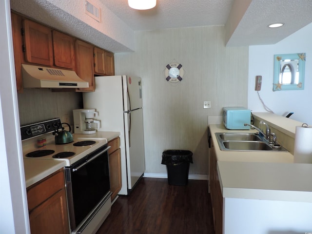 2500 N Ocean Blvd Unit 709, North Myrtle Beach, SC 29582 - kitchen featuring under cabinet range hood, electric range, brown cabinetry, light countertops, and dark wood-style flooring