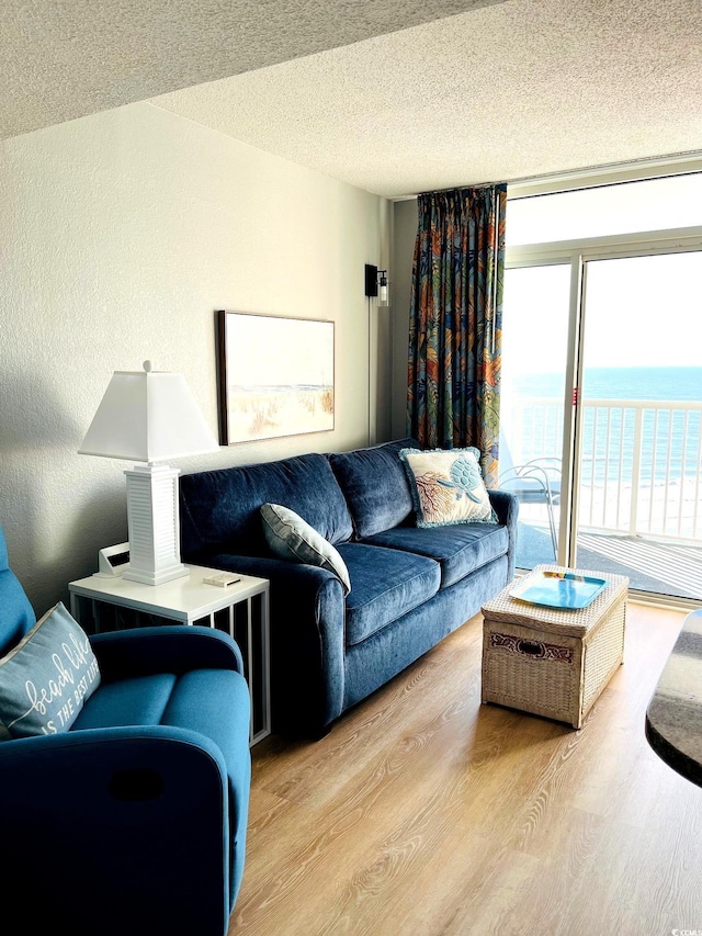 158 Seawatch Dr Unit 910, Myrtle Beach, SC 29572 - living area featuring wood finished floors, a textured ceiling, a textured wall, and a water view