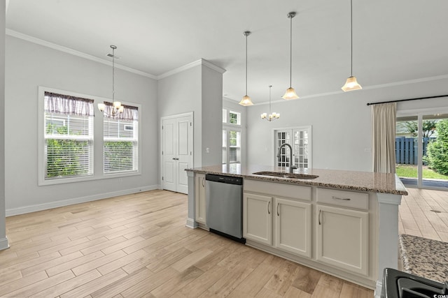 957 Bronwyn Cir N, Myrtle Beach, SC 29582 - kitchen with dishwasher, a chandelier, ornamental molding, light wood finished floors, and light stone countertops