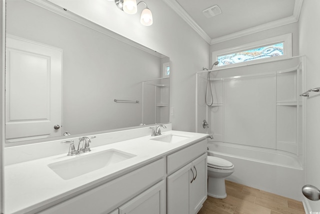 957 Bronwyn Cir N, Myrtle Beach, SC 29582 - bathroom with ornamental molding, double vanity, washtub / shower combination, and wood finished floors